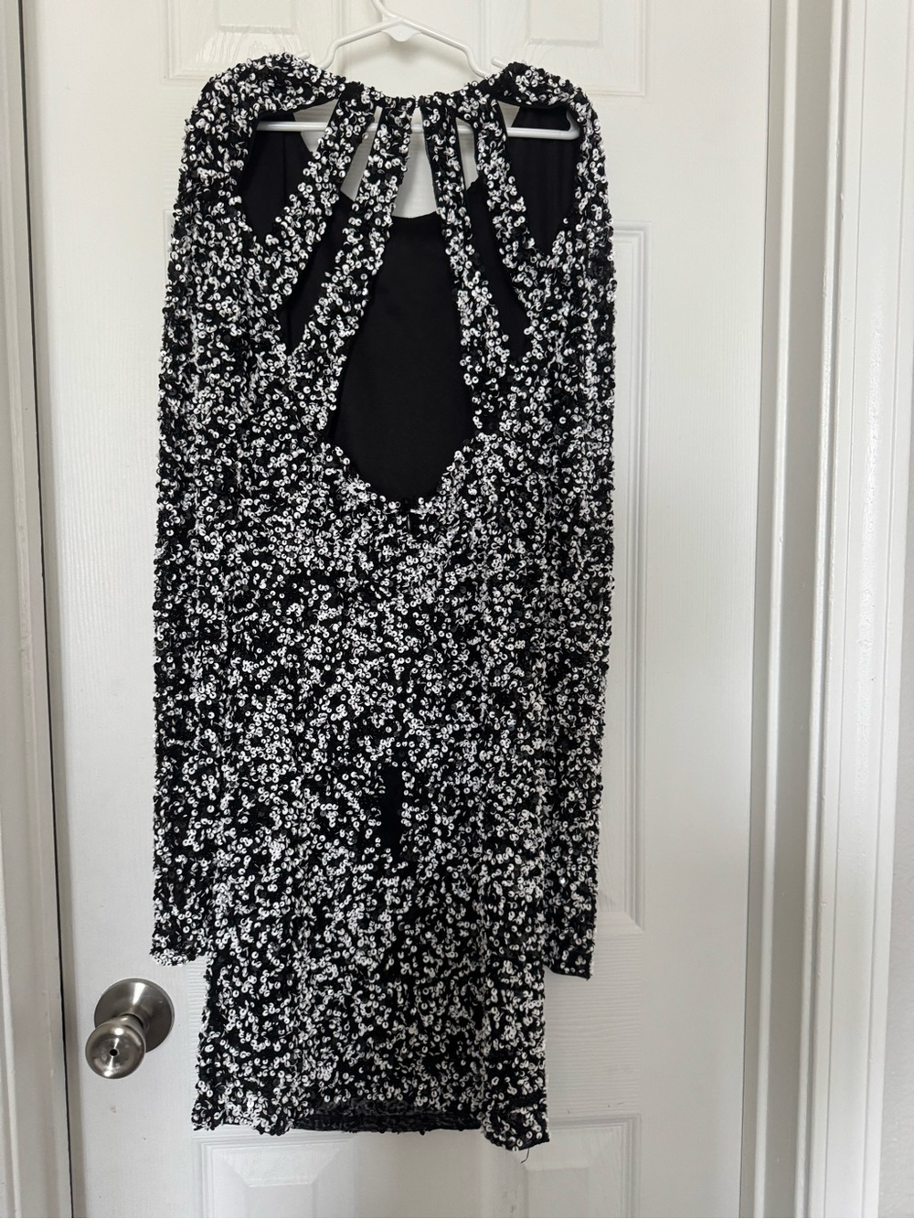 Parker Black White Sequin Beaded Open Back Mini Dress XS